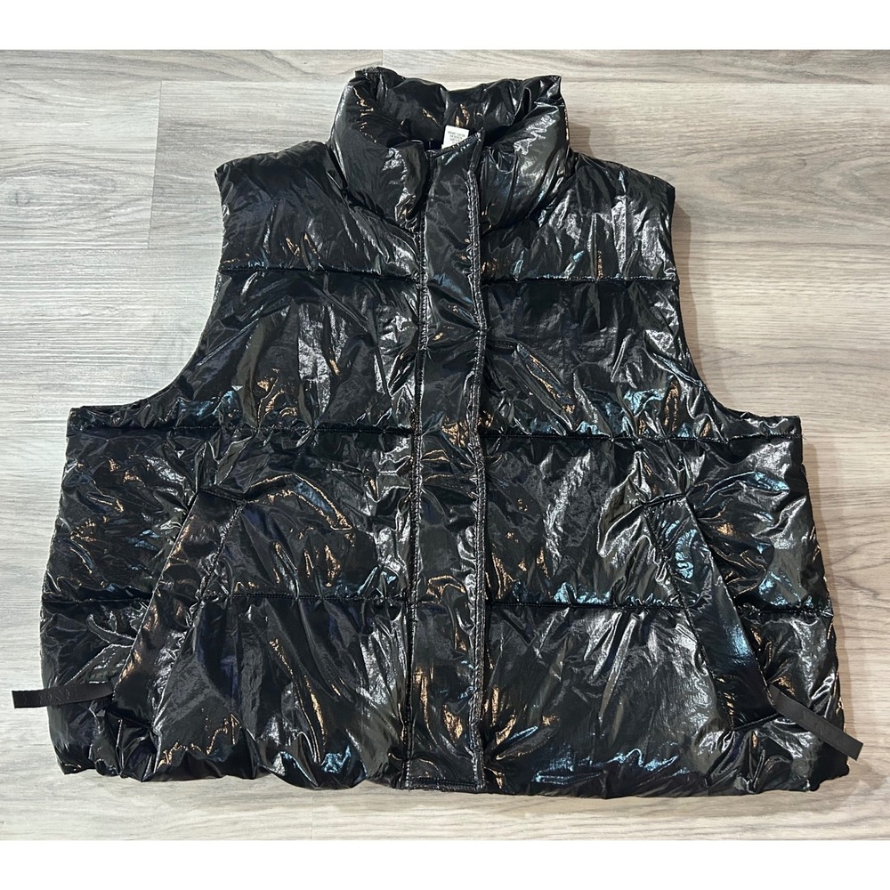 PINK Victoria's Secret Womens Glossy Puffer Vest Polyamide XL Black Liquid Shine